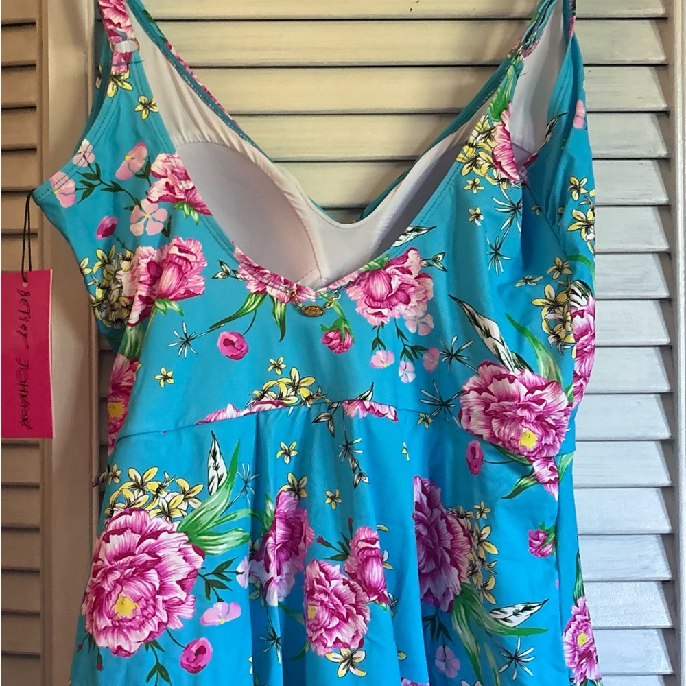 Betsey Johnson Pink Floral Blue Swimsuit - Picture 4 of 7